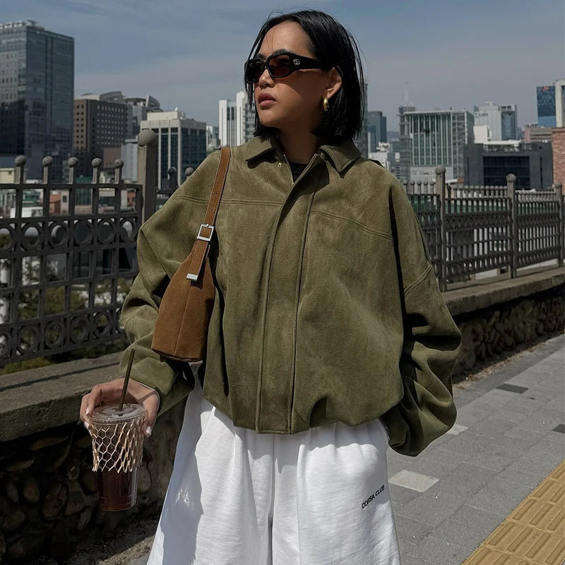 HXAO Women’s Suede Bomber Jacket