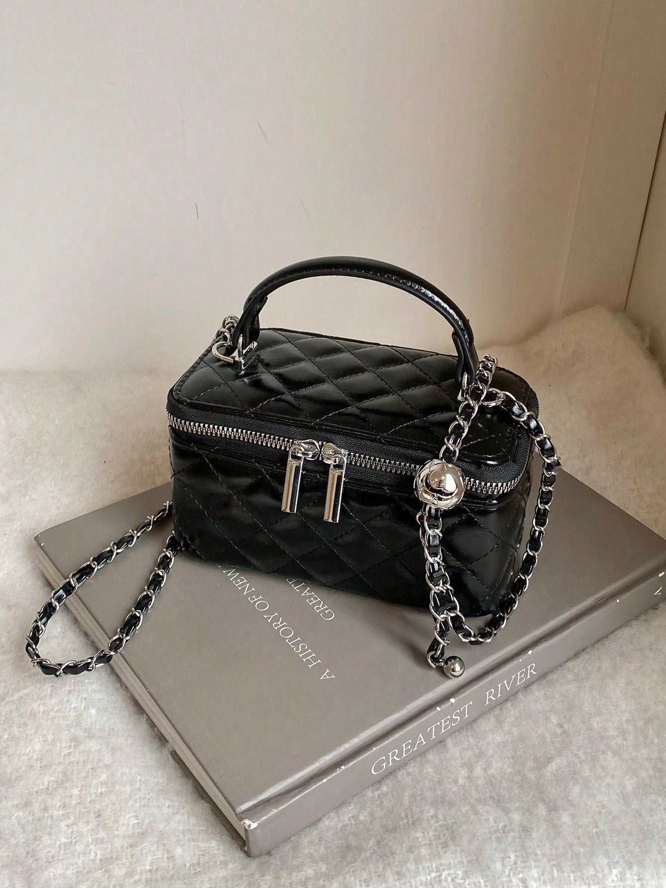 Quilted Embroidered Chain Box Bag