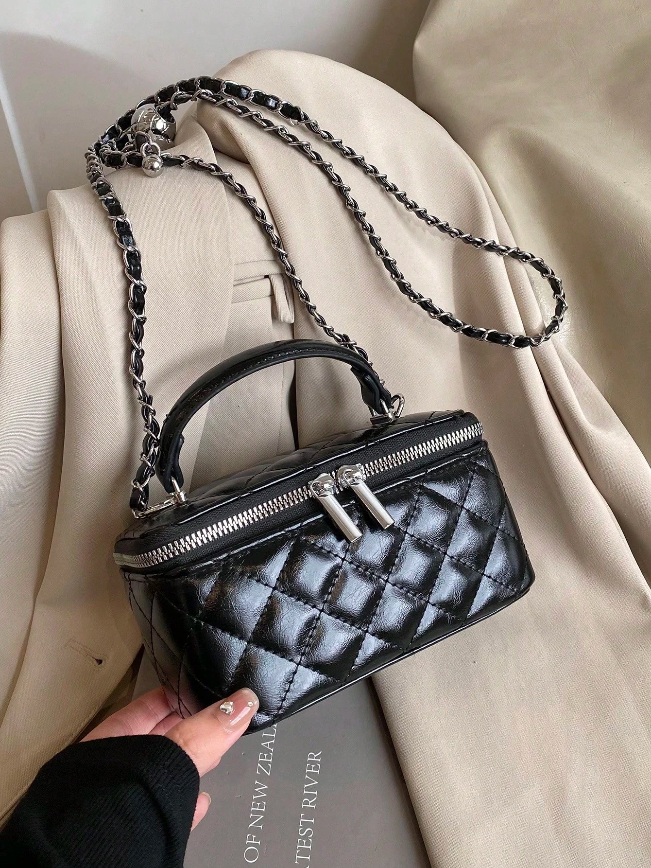 Quilted Embroidered Chain Box Bag