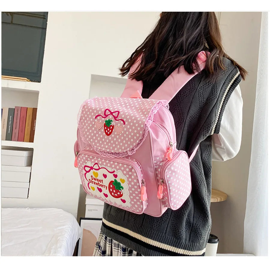 Cute Strawberry Embroidery Girls Backpack