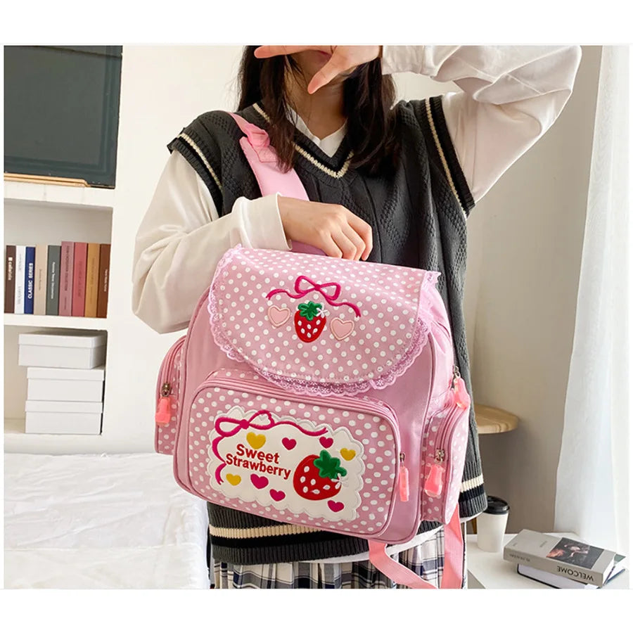 Cute Strawberry Embroidery Girls Backpack