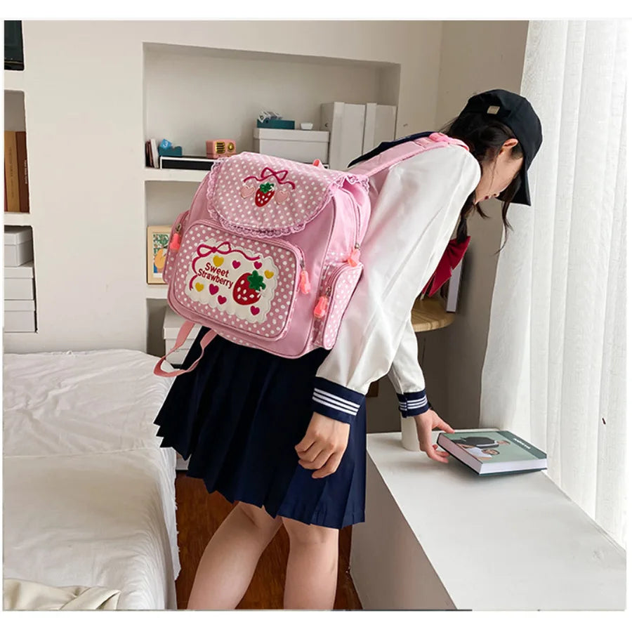 Cute Strawberry Embroidery Girls Backpack