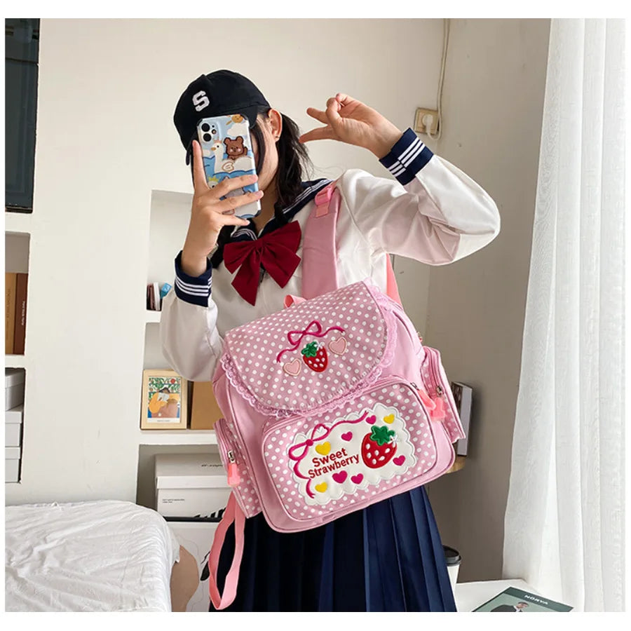 Cute Strawberry Embroidery Girls Backpack