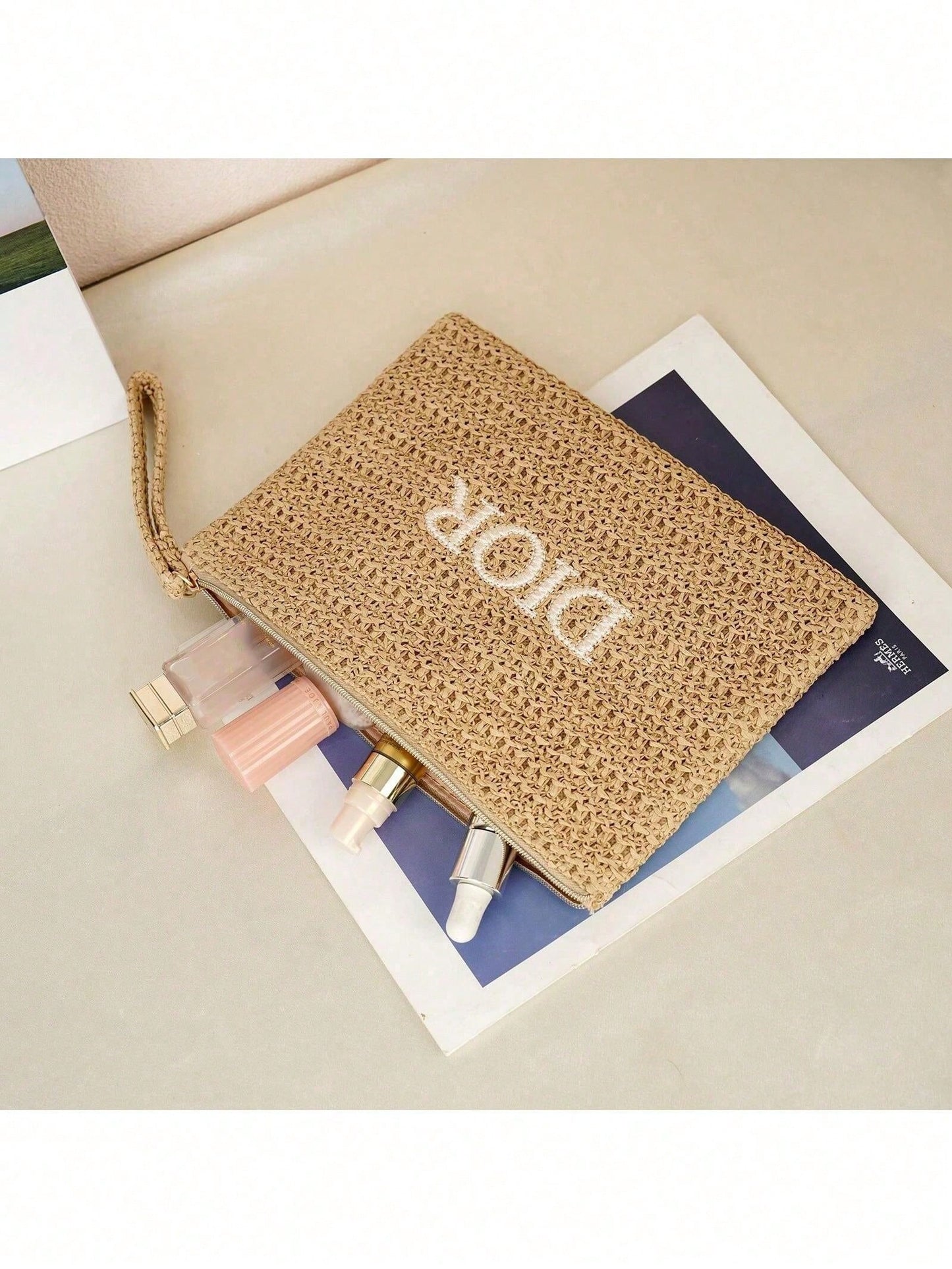 Dior Embroidered Straw Makeup Pouch