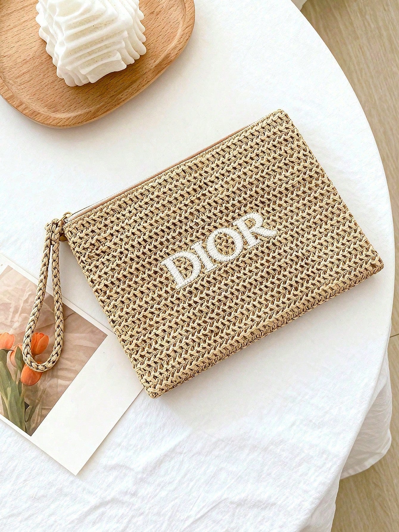 Dior Embroidered Straw Makeup Pouch