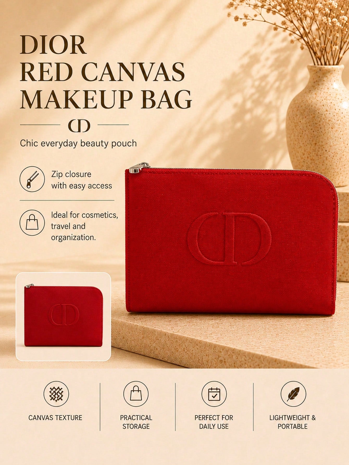 Dior Red Canvas Makeup Bag
