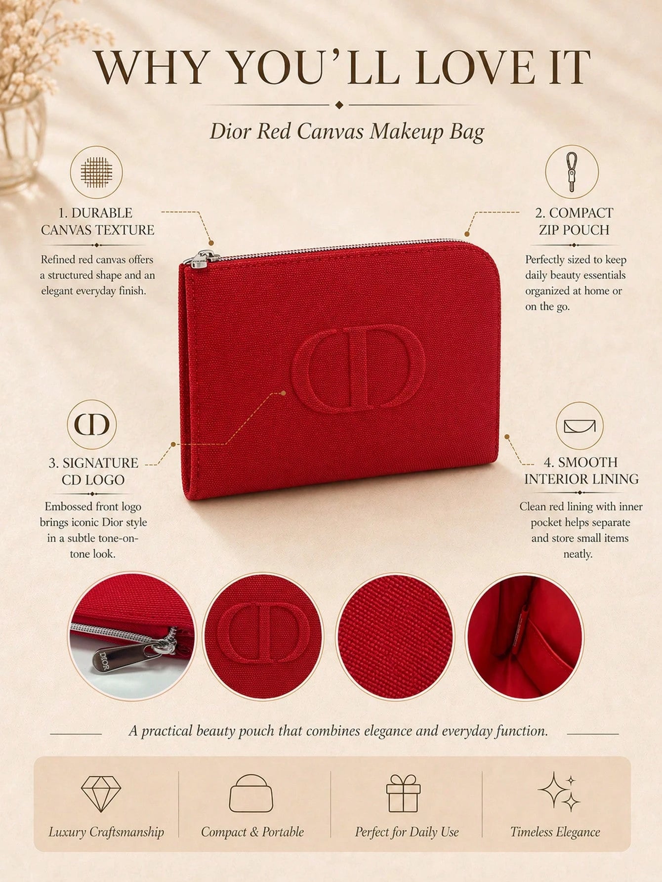 Dior Red Canvas Makeup Bag