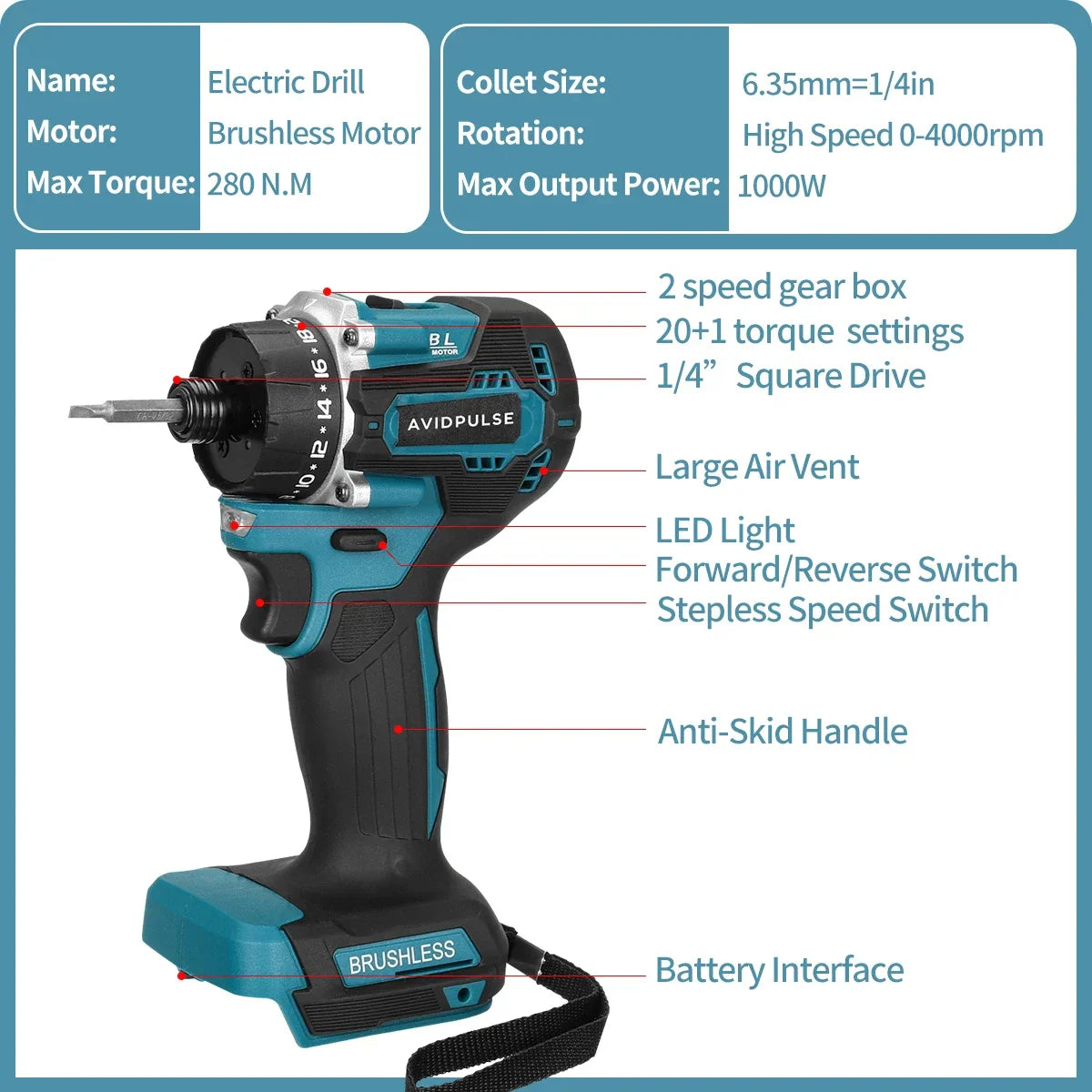 AvidPulse Brushless Cordless Electric Drill