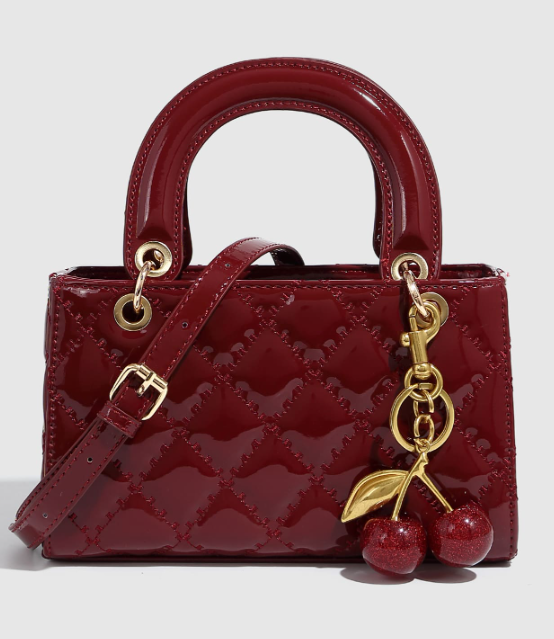 Burgundy Quilted Patent Leather Handbag